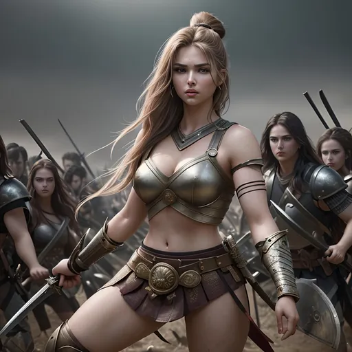 Prompt: Image of a gorgeous young adult woman with random styled hair, perfectly cute face, full luscious lips, captivating eyes with an alluring gaze, perfect body composition,

Warrior princess battle ready, standing in the middle of a bloody battlefield,

hyper realistic, super detailed, 8k, high quality, trending art, trending on artstation, sharp focus, studio photo, perfect lighting and shadows.