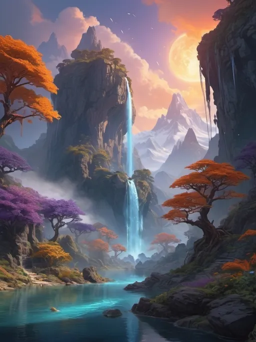 Prompt: Envision a breathtaking fantasy landscape where a cascading waterfall flows from the edge of a floating island, surrounded by lush, luminescent flora that glows softly in the twilight. In the distance, majestic mountains rise, their peaks shrouded in swirling mist, while a vibrant sky transitions from deep indigo to fiery orange as the sun sets. Ethereal creatures, like shimmering fairies and large majestic gentle dragons, flit through the air, adding life and magic to this enchanting scene. a masterpiece, 8k resolution, dark fantasy concept art, by Greg Rutkowski, dynamic lighting, hyperdetailed, intricately detailed, Splash screen art, trending on Artstation, deep color, Unreal Engine, volumetric lighting, Alphonse Mucha, Jordan Grimmer, purple and yellow complementary colors