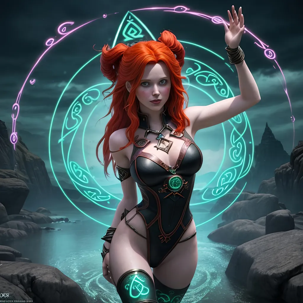 Prompt: Image of a mythical gorgeous young adult redhead sorceress with random styled hair, perfectly cute face, full luscious lips, exquisite body composition,

Using magic casting swirling 3D Celtic rune symbols and 3D colorful spells, surrounded by the magical weaves,

Image taken with a wide landscape lense, ISO 200, Splash art, trending on artstation, dark fantasy art, hyper realistic, super detailed, 8k, high quality, trending art, trending on artstation, sharp focus, studio photo, perfect lighting and shadows.