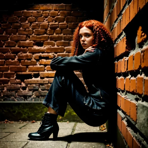 Prompt: girl sitting on a bench in a dank poor brick prison cell,. She stared at him down the sharp edges of her cheeks partly hidden behind her curly red hair, her body relaxed as it slouched against the wall, legs crossed. random pose, gothic art, promotional image, a poster