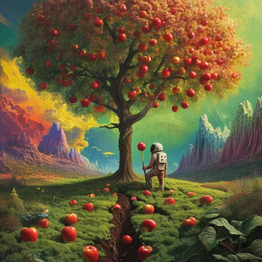 Prompt: Surreal imagery, photorealistic image of an apple tree being planyed on a Garden of Eden like fertile patch of a meadow. A complex and highly detailed alien in a space suit leaning on a shovel. Eating an apple, The background reveals a vibrant alien landscape filled with no other trees, unusual plants, colorful terrain, and a sky tinged with hues not found on Earth, like purples and greens. The creature's space suit has scales which reflect some of these alien colors, blending it into its surroundings while still standing out against the fertile patch of soil. The apple tree is small but healthy, its leaves vivid green, contrasting with the alien environment around it. Photorealistic lighting captures the scene with detailed textures on the creature's scales, soil, and tree bark, adding depth and richness to the image.