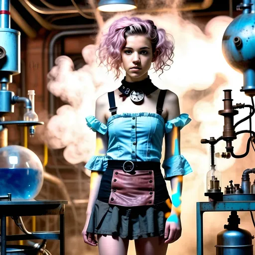 Prompt: (futuristic sci-fi style), scientists lab background, A 25-year-old full body ultra petite (small petite male like chest, feminine body, person), (curly wavy hair, random length hair), (soft boyish facial features), exquisitely small waist, (black steel collar) Wearing tattered and worn steampunk ultra feminine frilly petticoat, (warm color scheme), (highly detailed), (dynamic contrast between figures), (tense atmosphere), (illustrative techniques).