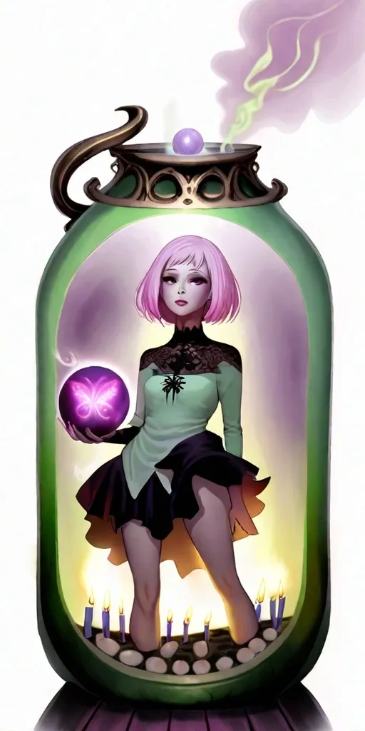 Prompt: Modern 25-year-old ultra petite woman, attractive), (short cut length hair), (soft feminine makeup), (soft feminine facial features), (slightly pink glowing skin). wearing a loose top and short skirt.

Conjuring magic and casting a spell on a man in a gothic temple lair, a multi colored mist filling the room, room filled with burning candles, holding a magical orb in outstretched hands.