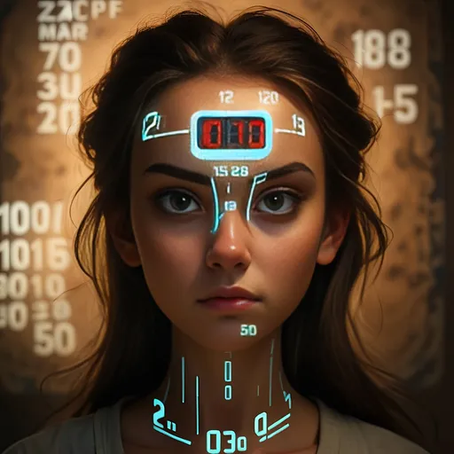 Prompt: Image of a young 20 year old woman with a ((digital clock embedded on her forehead)) with a smooth skin border around the timer.

Dramatic shadows, atmospheric mood, rich textures, historical undertones, thoughtfully composed, hyper-realistic quality, ultra-detailed 4K imagery.