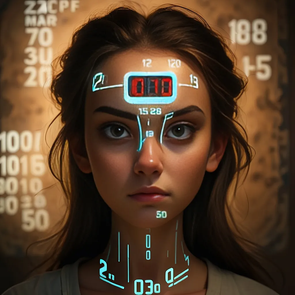 Prompt: Image of a young 20 year old woman with a ((digital clock embedded on her forehead)) with a smooth skin border around the timer.

Dramatic shadows, atmospheric mood, rich textures, historical undertones, thoughtfully composed, hyper-realistic quality, ultra-detailed 4K imagery.