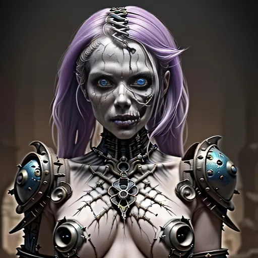 Prompt: Create a highly detailed AI defined design of a medieval hyper decaying, undead fantasy young adult woman warrior, symmetrically sensuous, perfect highly detailed body, quality medieval setting, detailed decaying body, cracked open skull, inspiring vibrant colors, steampunk style background, masterpiece:1.4, best quality:1.0, photo realistic