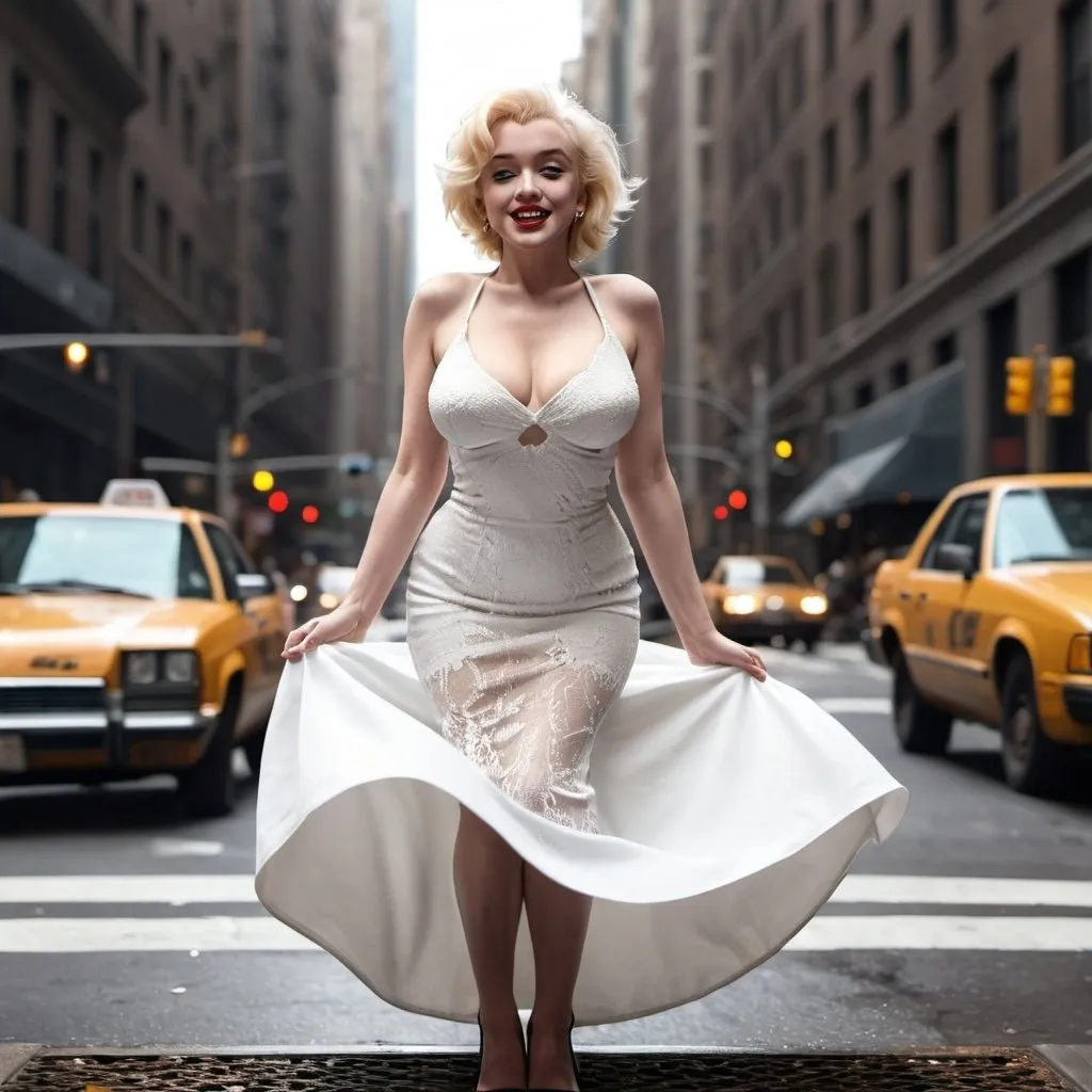 Prompt: Generate a highly detailed and realistic image of Marilyn Monroe in her iconic dress scene. Marilyn Monroe should be standing on a subway grate with her white dress billowing up due to the air from below. She is smiling and holding down her dress with both hands. The background should be a busy city street with 1950s style cars and buildings. Include people in 1950s attire looking at her and street lights typical of that era.
