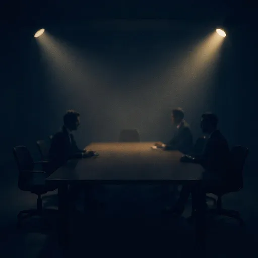 Prompt: Promotional Post Image for EYMUN 26
mysterious, suspenseful, simple
1. dark blue and slight yellow
2.a large conference table with spotlights showing empty chairs
3. blurred silhouettes of people in formal clothing
4. keep bottom left corner with no words