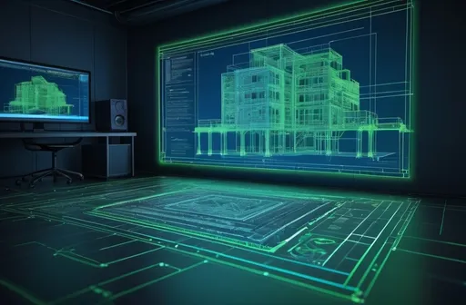 Prompt: (computer screen showing a drawing), (blueprint design), (wireframe diagram), (ascii art style), intricate details of a building, green line on the floor, blue line on the wall, vibrant digital colors, ultra-detailed, modern aesthetic, contemporary art vibe, engaging composition, technical precision, high-quality visuals, layered elements for depth, sleek and professional representation.