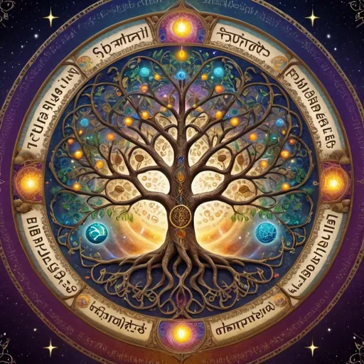 Prompt: Create an image of the tree of life, with the names of all the sefitot, planets and Hebrew letters corresponding to their place.