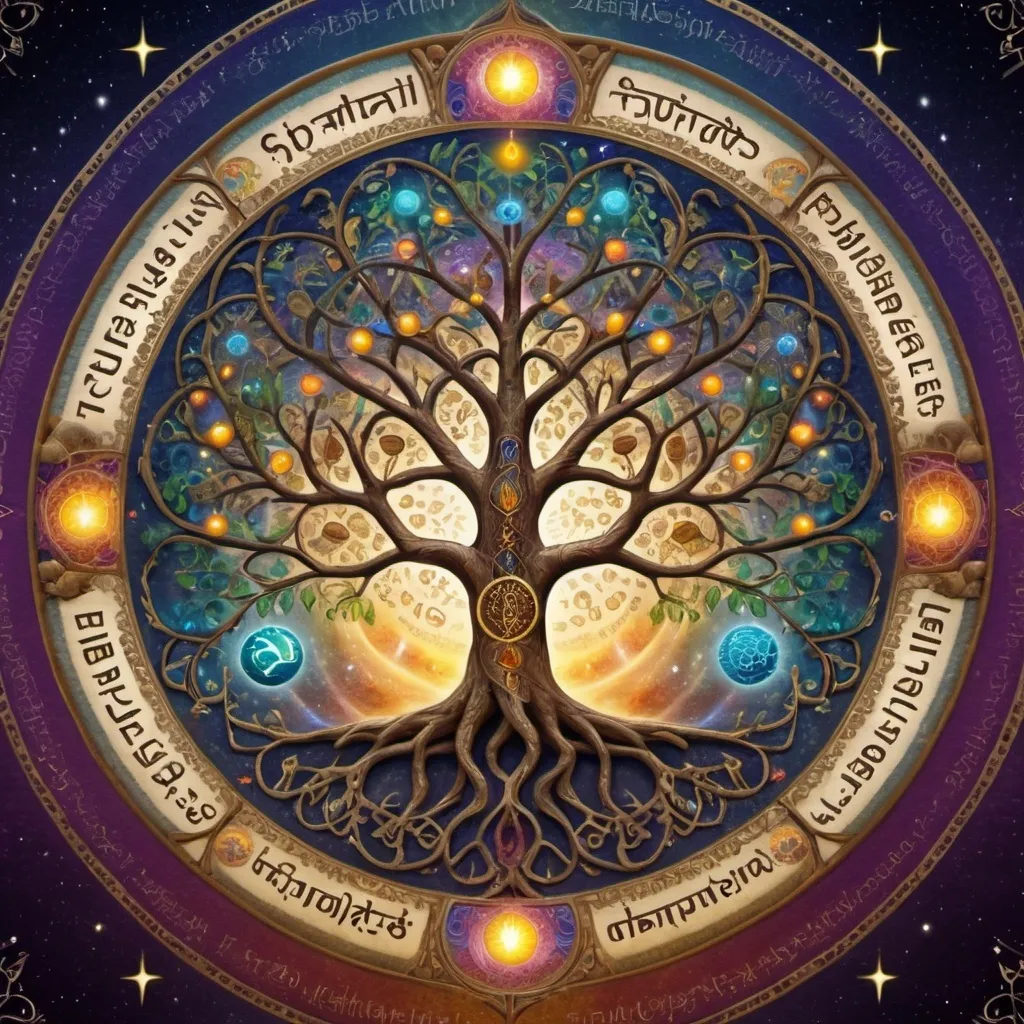 Prompt: Create an image of the tree of life, with the names of all the sefitot, planets and Hebrew letters corresponding to their place.