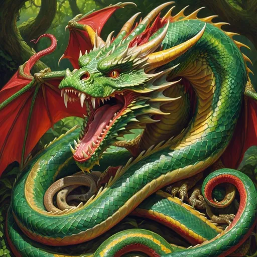 Prompt: Detailed painting of a majestic dragon with a large mouth and two smaller accompanying snakes, vibrant green background, red dragon with a yellow head, inspired by Donato Giancola's fantasy art, high-quality, detailed rendering, fantasy art, dragon art, vibrant green background, majestic dragons, detailed painting, snakes, vibrant colors, intricately detailed scales, artistic excellence