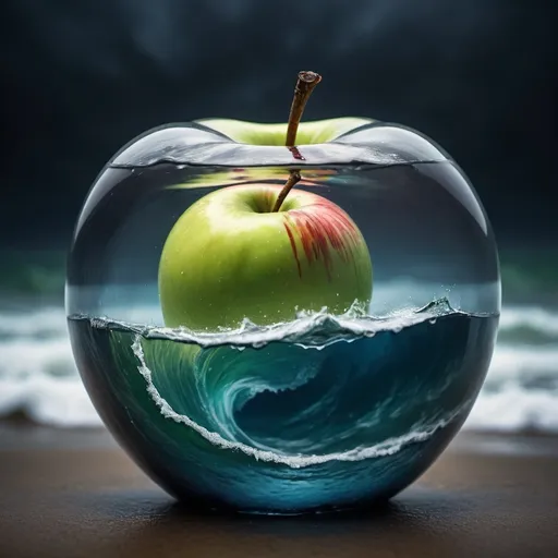 Prompt: A stunning, conceptual double exposure image that masterfully blends a stormy sea and a glossy glass apple. The sea serves as the underlying backdrop, with its turbulent waves and dark hues subtly incorporated into the smooth, translucent glass apple. The lifeless, dead apple is filled with the swirling sea, creating an intriguing juxtaposition of earthy and aquatic elements. The overall atmosphere is one of decadence and dark mystique, enhanced by the sharp focus and hyper-realistic details. The high-definition, dark softbox image utilizes raytracing and HDR techniques to create a cinematic, photorealistic, and vibrant final result  vibrant, Van Gogh art painting, photo, cinematic using the vintage style "pointillism" sparkling technique with 100/1 thickness in the upper corner in white and 1/1000 thick in the lower left corner in contrast darkes colours.