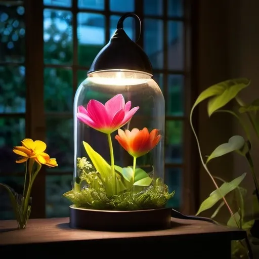 Prompt: "Imagine a world where nature and technology intertwine. Describe a scenario where a glass lamp houses a vibrant flower, symbolizing hope and renewal. The environment is a magical garden, with flowers around, illuminated by a soft light , evoking sensations of tranquility and beauty. How does this image reflect the harmony between the artificial and the natural?"