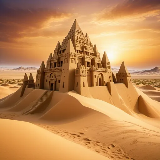 Prompt: a beautiful scene from the Egyptian desert I see a beautiful castle made from the desert sand itself. full of details. beautiful to the eyes. award-winning art. 4k. hdr. realistic