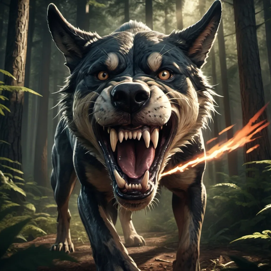 Prompt: Fierce and wild digital illustration of a ferocious dog with sharp teeth, dense forest setting with towering trees, hyper-realistic 3D rendering, intense and menacing expression, dynamic lighting casting dramatic shadows, ultra high quality, hyper-detailed, 3D rendering, realistic, fierce, wild, sharp teeth, forest, towering trees, hyper-realism, menacing expression, dynamic lighting