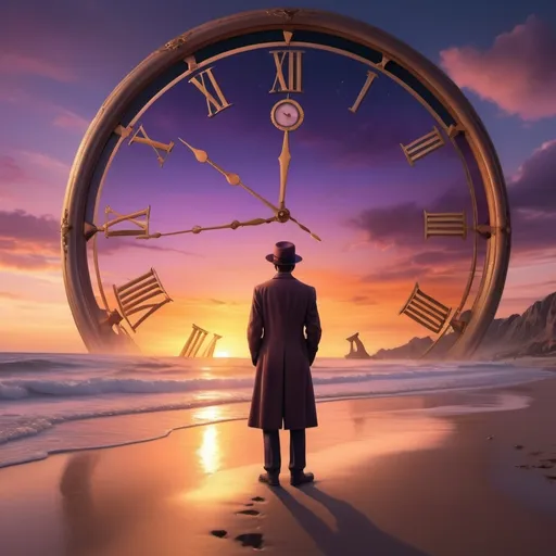 Prompt: a man standing on a beach next to a giant clock in the sky with a sunset behind him and a man in a hat, Beeple, retrofuturism, steampunk, a detailed matte painting