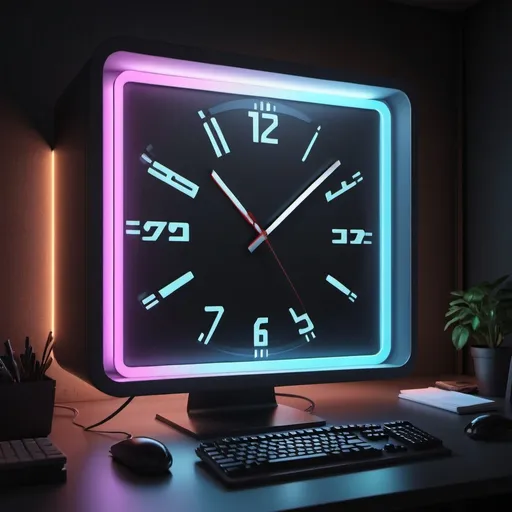 Prompt: a ((clock, with digital numbers))) on top of a ((computer booth)) in a dark room with the computer's LEDs illuminating the room in different colors.  detailed, octane render, trending on artstation, hyper realism, 4k. by raphael lacoste,