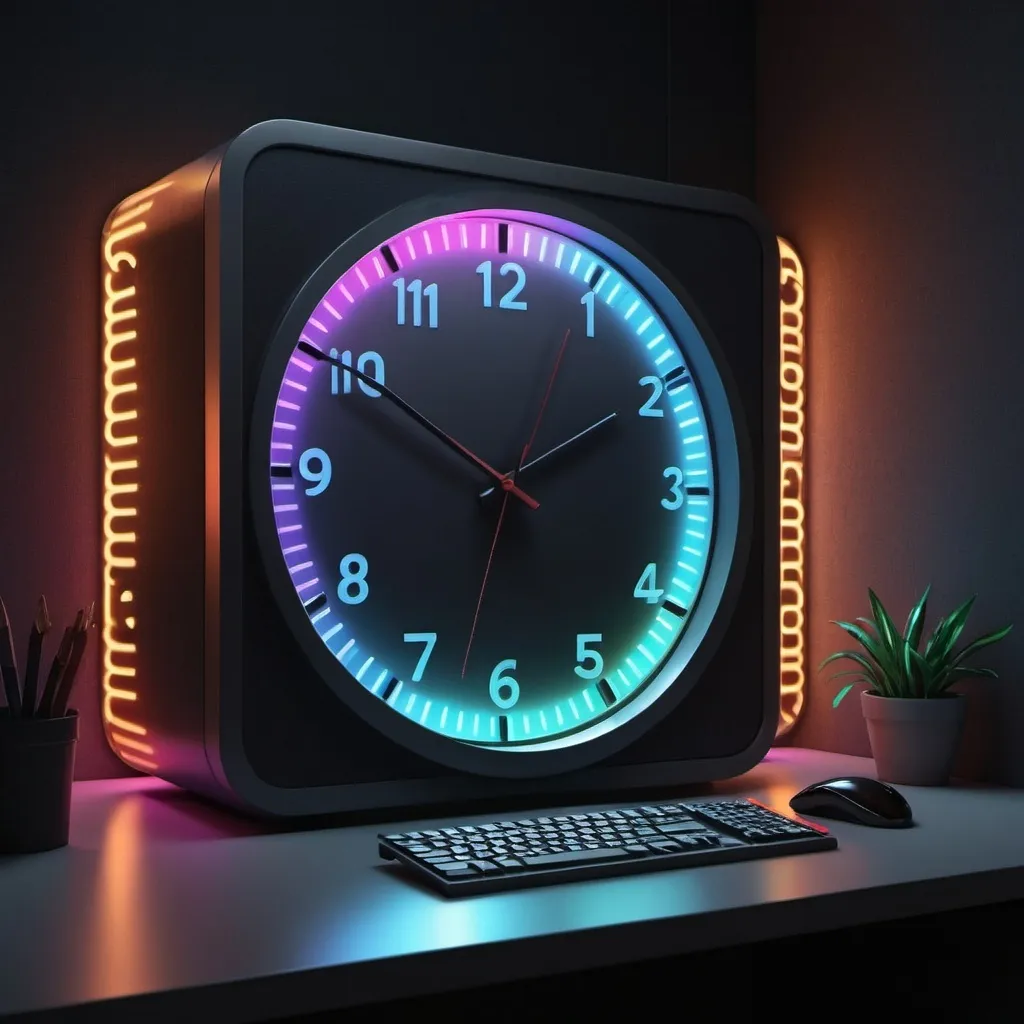 Prompt: a ((clock, with digital numbers))) on top of a ((computer booth)) in a dark room with the computer's LEDs illuminating the room in different colors.  detailed, octane render, trending on artstation, hyper realism, 4k. by raphael lacoste,