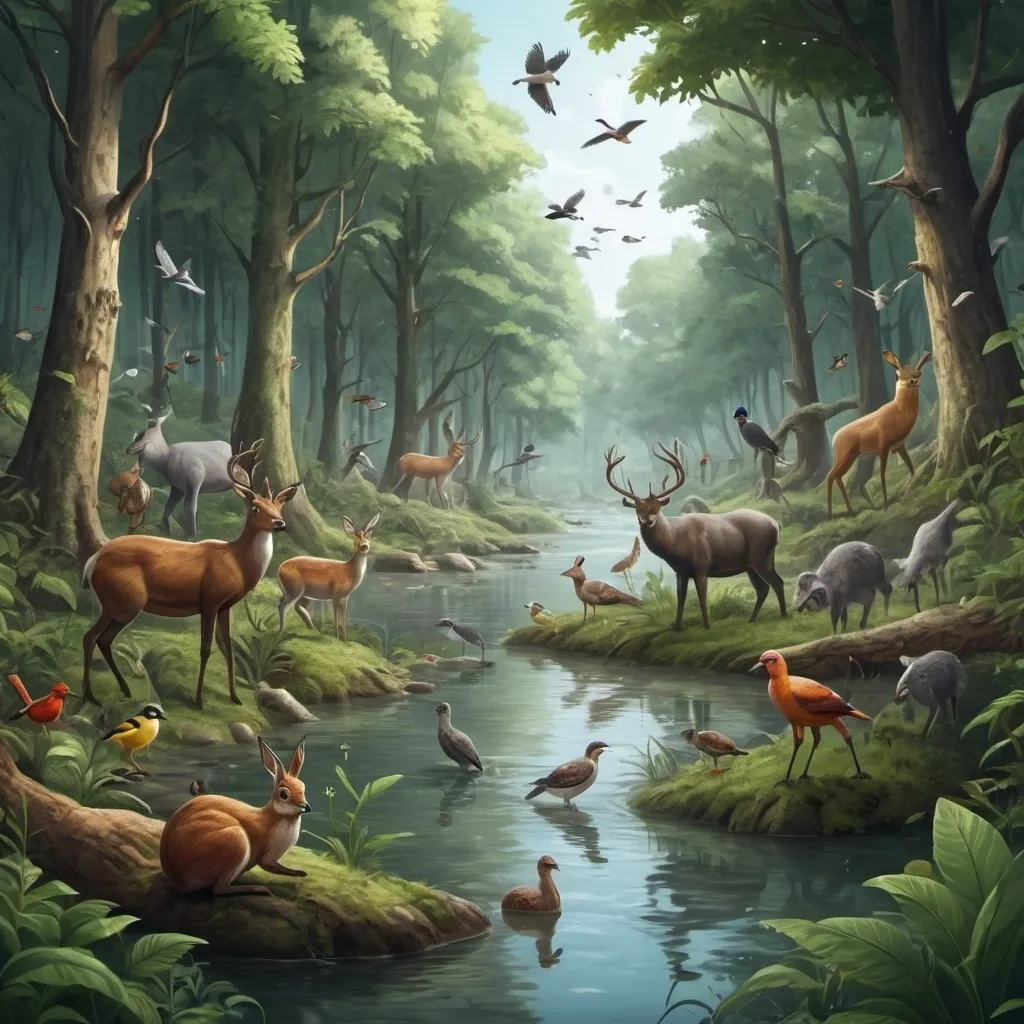 Prompt: a forest with many small and large animals, some birds, in the middle of the forest there is a RIVER with clear waters.  realistic style