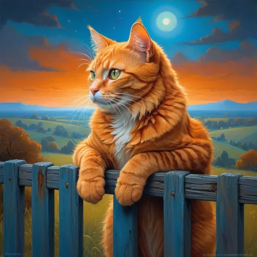 Prompt: orange cat on a fence staring into the distance, in the style of michael whelan, victor nizovtsev, dark amber and sky-blue, hypercolorful dreamscapes, hyperrealistic animal portraits, jan frans van bloemen, luminous palette