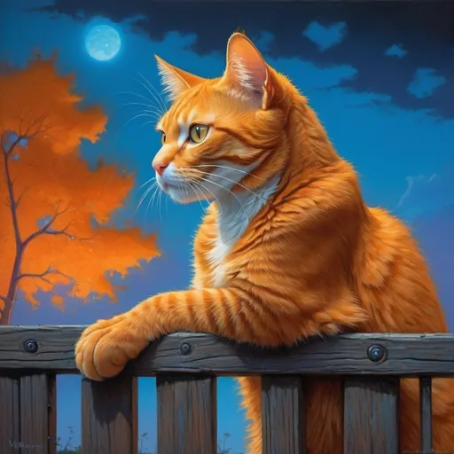 Prompt: orange cat on a fence staring into the distance, in the style of michael whelan, victor nizovtsev, dark amber and sky-blue, hypercolorful dreamscapes, hyperrealistic animal portraits, jan frans van bloemen, luminous palette