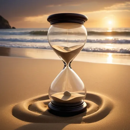 Prompt: "Behold the majestic hourglass standing tall on the sandy shores, its delicate glass enclosing the passage of time in golden grains of sand. The warm embrace of the sun illuminates the scene, casting brilliant reflections on the restless waves that kiss the shore.

As the sand trickles from the upper bulb to the lower, a mesmerizing dance of light and shadow unfolds, symbolizing the eternal cycle of time and tide.

In this tranquil moment captured in the hourglass, one can almost feel the timeless rhythm of sea and land, where past, present and future converge in a fleeting yet eternal embrace. Let your imagination wander as you immerse yourself in this scene of serene beauty and contemplation."