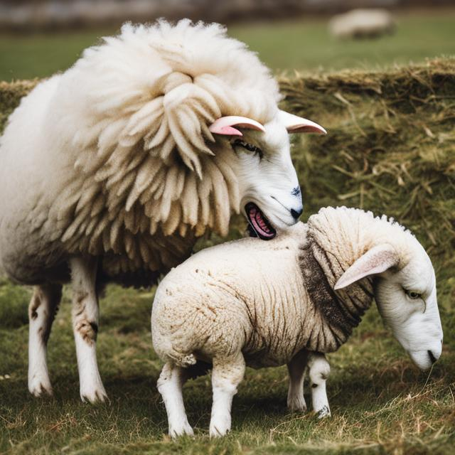 Prompt: A sheep eating a wolf