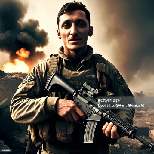 Prompt: Veteran soldier in full combat gear, cigarette in mouth, holding automatic rifle, battle-worn, explosions, smoke, helicopters overhead, trenches, intense atmosphere, high quality, warzone, gritty, action-packed, detailed uniform, realistic, dramatic lighting, military, combat, battlefield, intense, atmospheric, chaotic