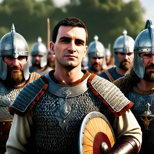 Prompt: a handsome and mighty Anglo Saxon chieftain is standing in front of his men facing Vikings in the battle of Maldon, photorealistic, ultrarealistic, extremely realistic