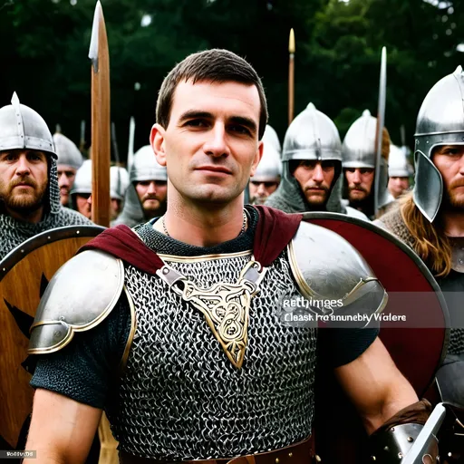 Prompt: a handsome and mighty Anglo Saxon chieftain wearing chain mail is standing in front of his men facing Vikings in the battle of Maldon, battle, clash, war