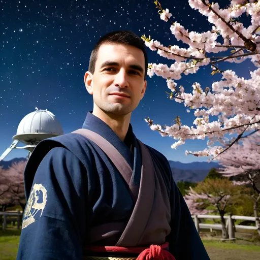 Prompt: a handsome samurai is standing in front of a large ground sattelite station on a starry night surrounded with Japanese cherry trees in full blossom