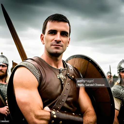 Prompt: a handsome and mighty Anglo Saxon chieftain is standing in front of his men facing Vikings in the battle of Maldon