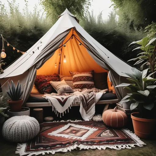 Prompt: A cosy tent with blankets, plants in a bohemian style