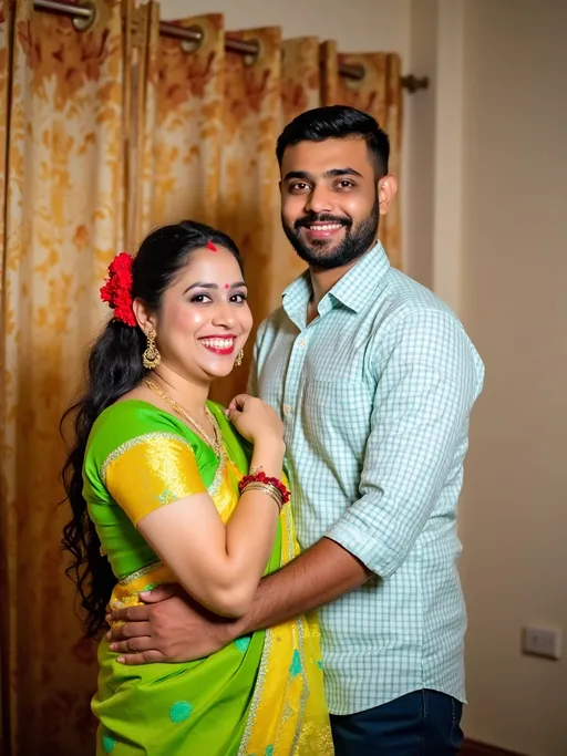 Prompt: In a warmly lit indoor setting, a couple poses closely together against a backdrop of elegant, patterned curtains. The woman, adorned in a vibrant yellow and green sari with intricate designs, radiates joy with a bright smile, accessorized with traditional jewelry and red floral decorations in her hair. Beside her, the man stands confidently in a light blue and white checkered shirt, his expression relaxed, as he gently places a hand on her waist. The scene conveys a sense of celebration and togetherness, reflecting a cultural significance and a moment of shared happiness. The soft focus and warm tones enhance the intimate atmosphere, suggesting a cherished memory in the making.