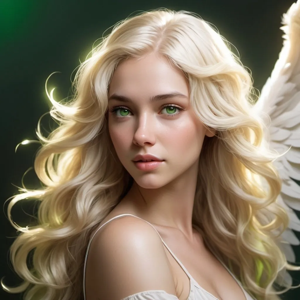 Prompt: Female angel with almost white blonde hair, long and in soft waves that fall to her waist with green eyes and sharp features, glowy skin, aged mid twenties