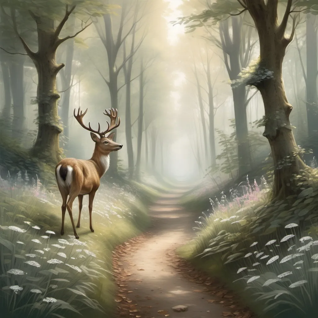 Prompt: How about a sketch that captures a peaceful scene with intricate details? Imagine this:

- A serene woodland path, lined with tall trees whose leaves are slowly falling, creating a soft blanket on the ground.
- In the foreground, you could add a deer standing gracefully, its antlers adorned with small flowers.
- The path leads into a misty horizon, giving it a dreamlike atmosphere.
- You can play with light and shadows by having sun rays break through the tree canopy, creating dappled light patterns.

Would you like me to create a digital version of this idea for your Instagram?


Visualise