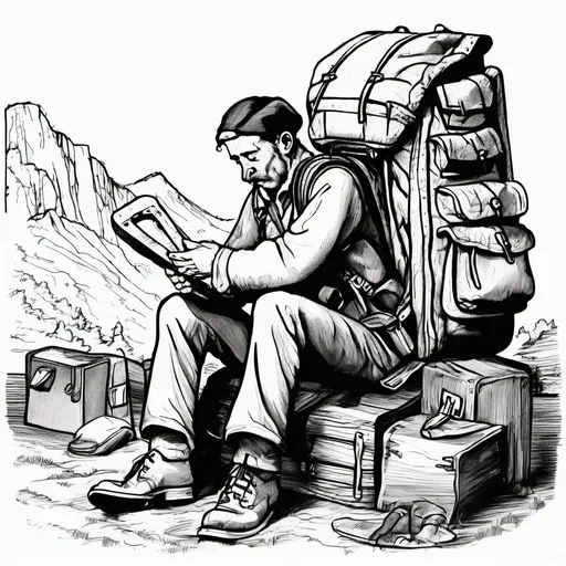 Prompt: Vintage clipart drawing A wanderer packs a well-worn backpack with essentials, preparing for an epic journey. black and white, ink drawing. It should be a story. There will be 31 frames of storyboard this is the first one.