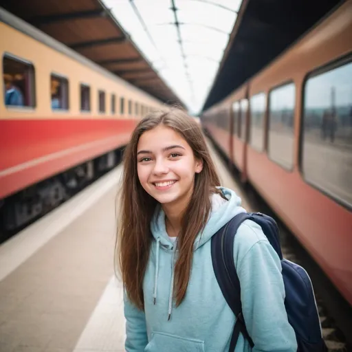 Prompt: young 18 years old student are travelling and seeing europe with a train, smile and happy.