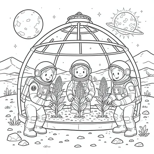 Prompt: an elementary school coloring page with big figures and easy lines.  Three astronauts are inside a greenhouse on Mars, tending to their potato, corn, and sunflower plants.