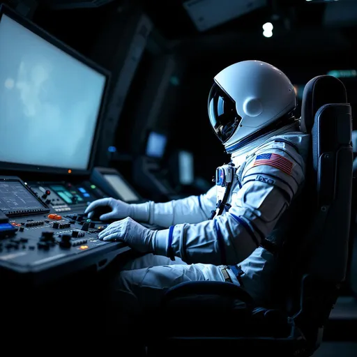 Prompt: An astronaut whose face is obscured by their helmet.  The astronaut is practicing on earth with a flight simulator.  They state intently at the screen, working the controls and the joystick of the machine.