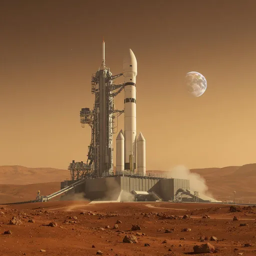 Prompt: A desolate Martian landscape with a rocket launchpad.  The launchpad sits on a very large and sturdy square building with a strong roof in the midst of a budding human civilization.  The heavy rocket on the launchpad sits with faint gasses spilling from its engines.  A tiny planet Earth sits on the horizon.   