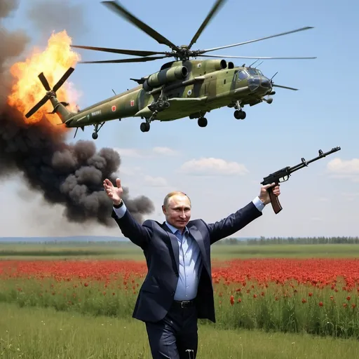 Prompt: Putin holds an AK12 in either of his hands, he stand with his arms up firing the guns into the air with fire and smoke leaving the barrel of them, he stands in a grass green field bespattered with flowers in the sunlight, the sky is nice and blue while several mi-24 helicopters are flying in the sky