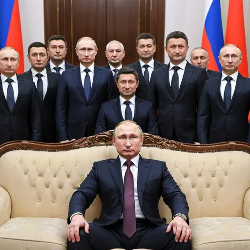 Prompt: Putin sits on the middle of a couch surrounded by 5 clones of president zelensky, who are standing up