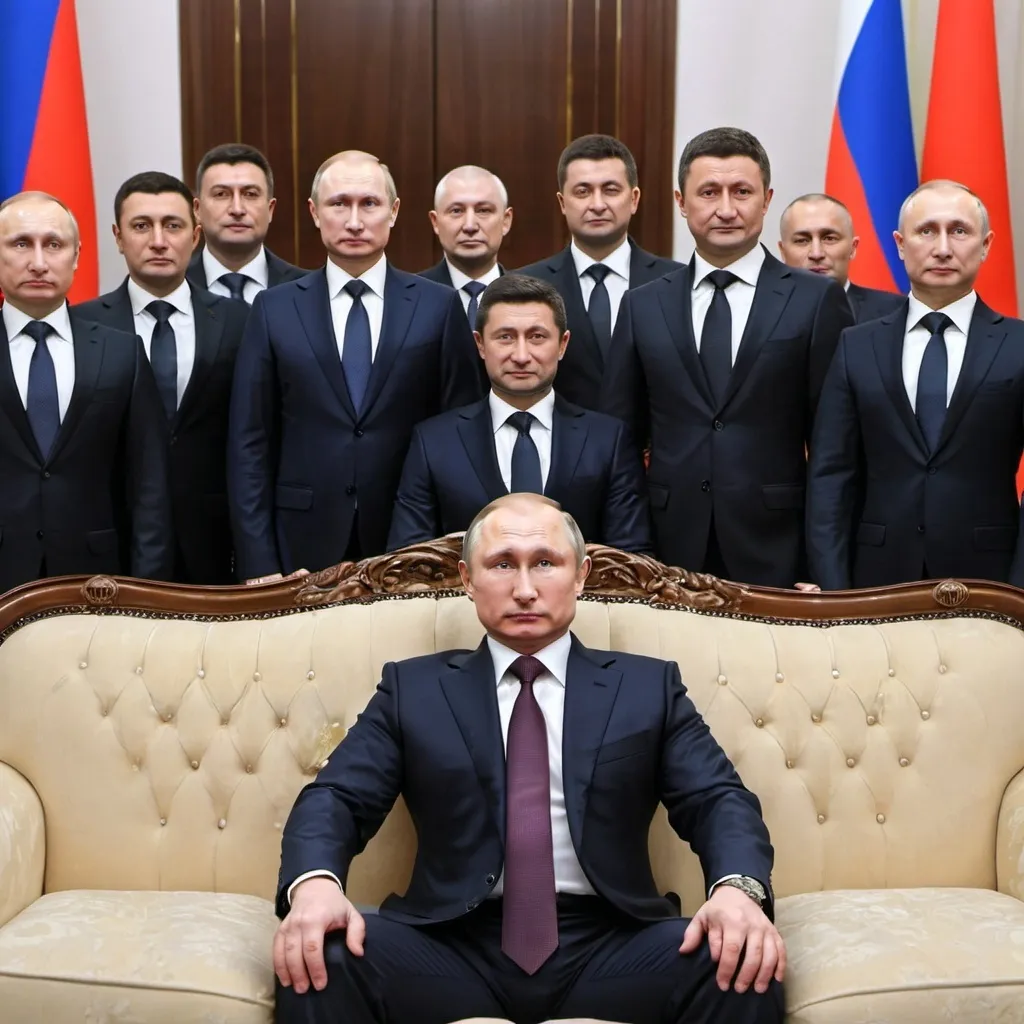 Prompt: Putin sits on the middle of a couch surrounded by 5 clones of president zelensky, who are standing up