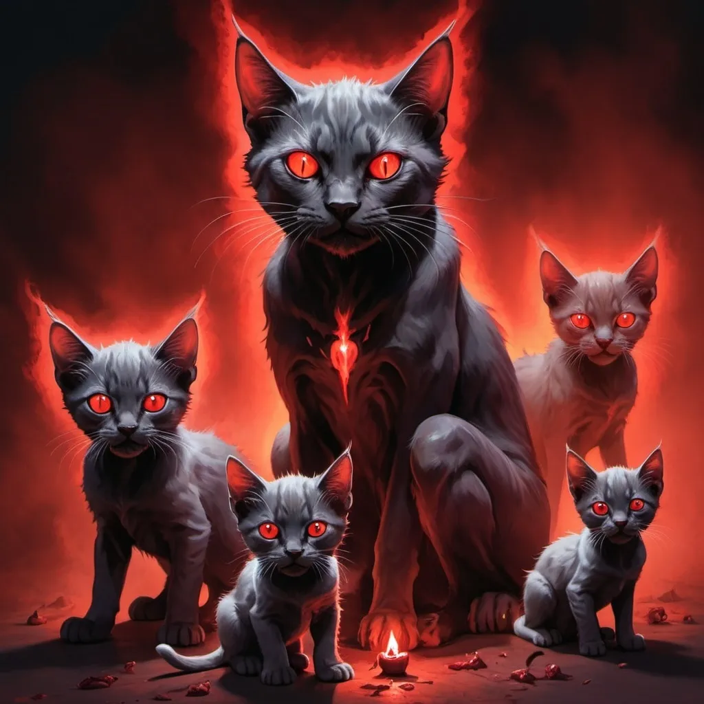 Prompt: a mama cat with puppy kittens with demon made out of flesh and red glowing eyes behind the cats