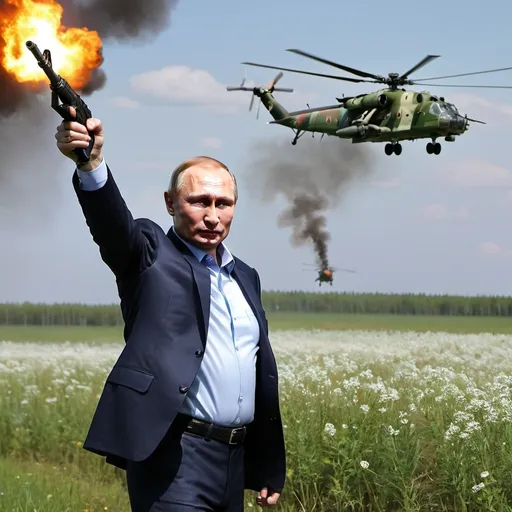 Prompt: Putin holds an AK12 in either of his hands, he stand with his arms up firing the guns into the air with fire and smoke leaving the barrel of them, he stands in a grass green field bespattered with flowers in the sunlight, the sky is nice and blue while several mi-24 helicopters are flying in the sky