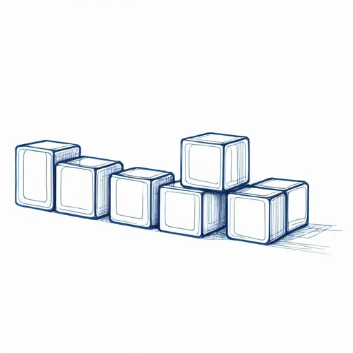 Prompt: blocks in a line of chain, minimalistic drawing, thin line, blue pen color, design outline sketch, outline strokes only, white background, professional, monochrome 