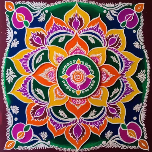 Prompt: Very Unique Rangoli, intricate design, vibrant colors, high quality, detailed patterns, traditional art, ornate details, festival celebration, cultural heritage, bright and joyful, symmetrical layout, auspicious symbols, traditional craftsmanship, colorful celebration, intricate symmetry, festive spirit, Hindu tradition, ceremonial art, ornamental patterns, auspicious vibes, vibrant and lively, festival decorations, artistic expression