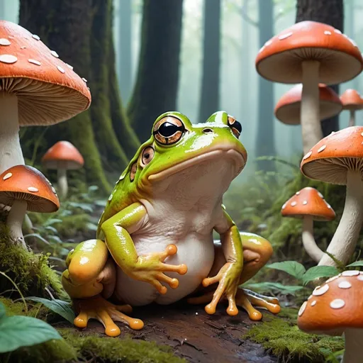 Prompt: A magical journey through the mushroom forest land of your brain activated by goopy frog